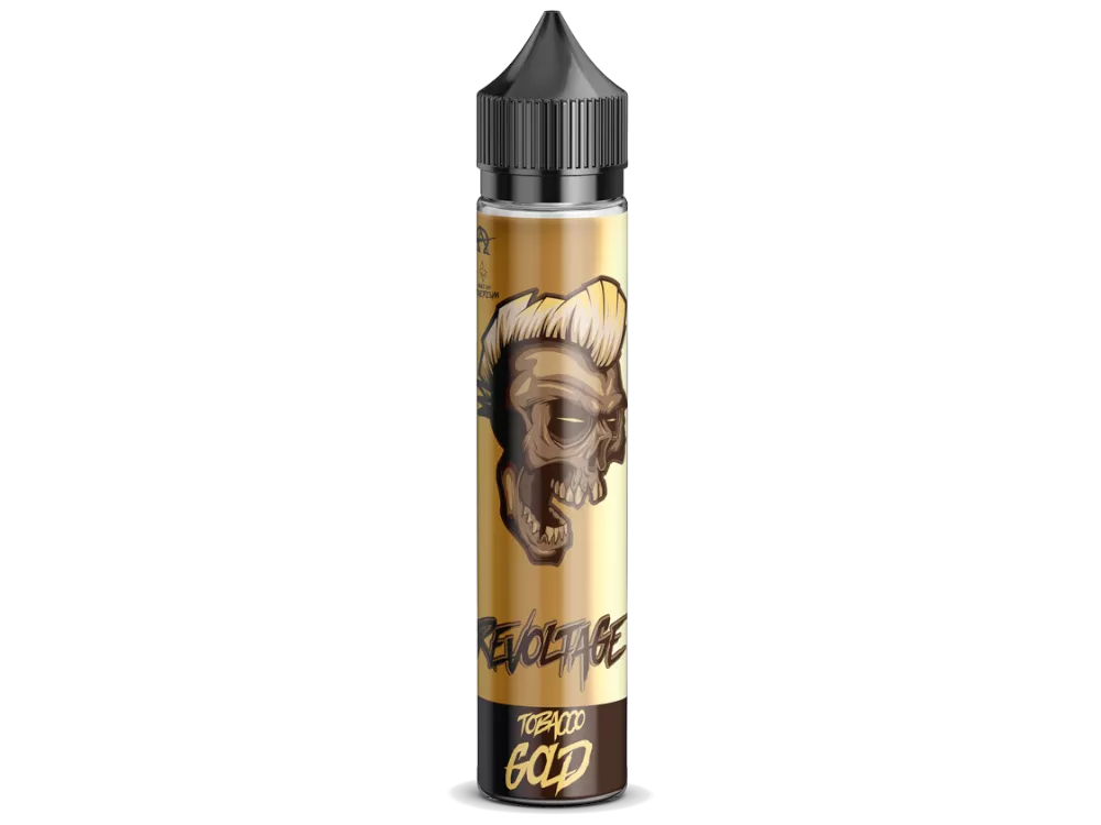 Eine Flasche revoltage Liquid mit einem Cartoon-Gesicht darauf, Revoltage Aroma Tabak Gold Revoltage Rocks Tabak Liquid mit Tabak Geschmack