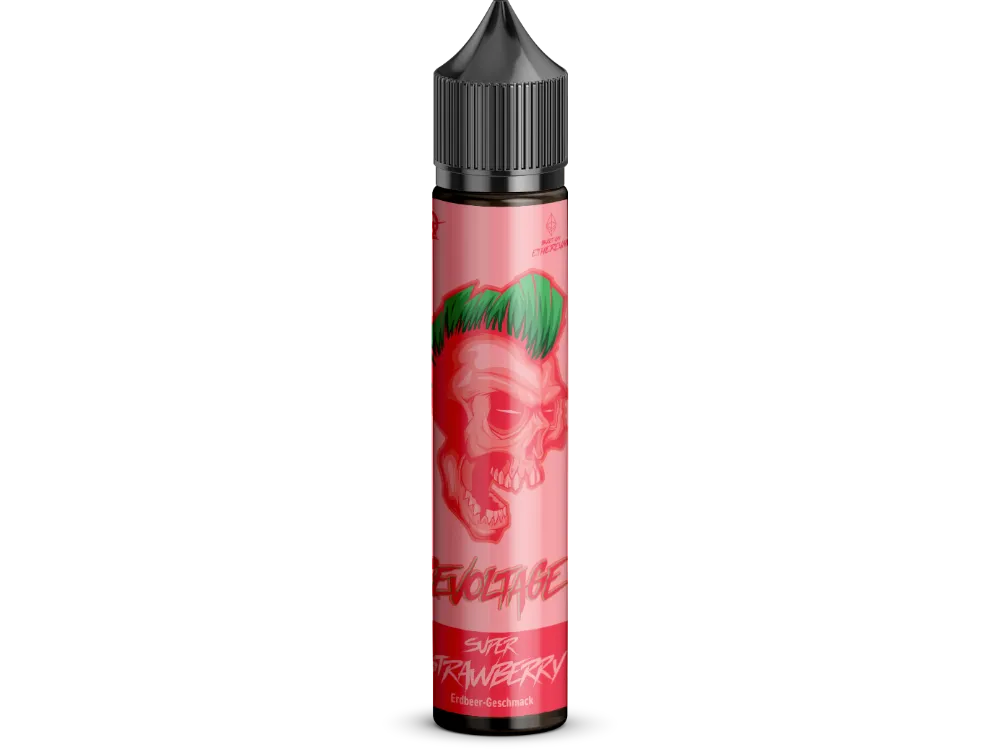 Eine Flasche  Revoltage Liquid mit einem Cartoon-Gesicht darauf: Revoltage Aroma Super Strawberry - Revoltage Rocks Erdbeere Liquid.